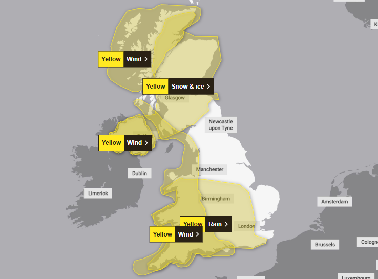 A number of weather warnings are in place for Sunday (Met Office)