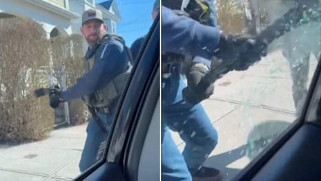 US immigration officers smash car window to detain man – video