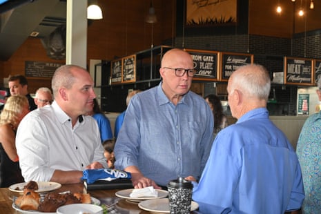Leichhardt candidate Jeremy Neal (left) with Peter Dutton at an LNP supporters breakfast in Cairns