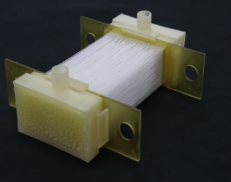 Fibers of bite-sized lab grown chicken are manufactured in a lab.