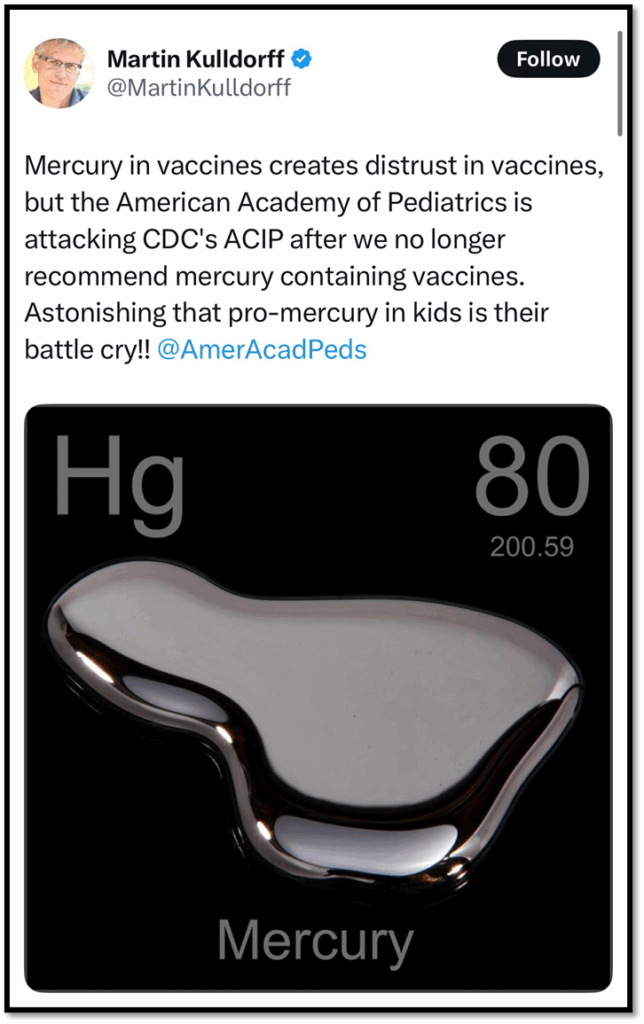 A tweet by Martin Kulldorff criticizes the inclusion of mercury in vaccines. Below the tweet is an image showing a blob of metallic mercury labeled with its chemical symbol Hg, atomic number 80, and atomic mass 200.59.