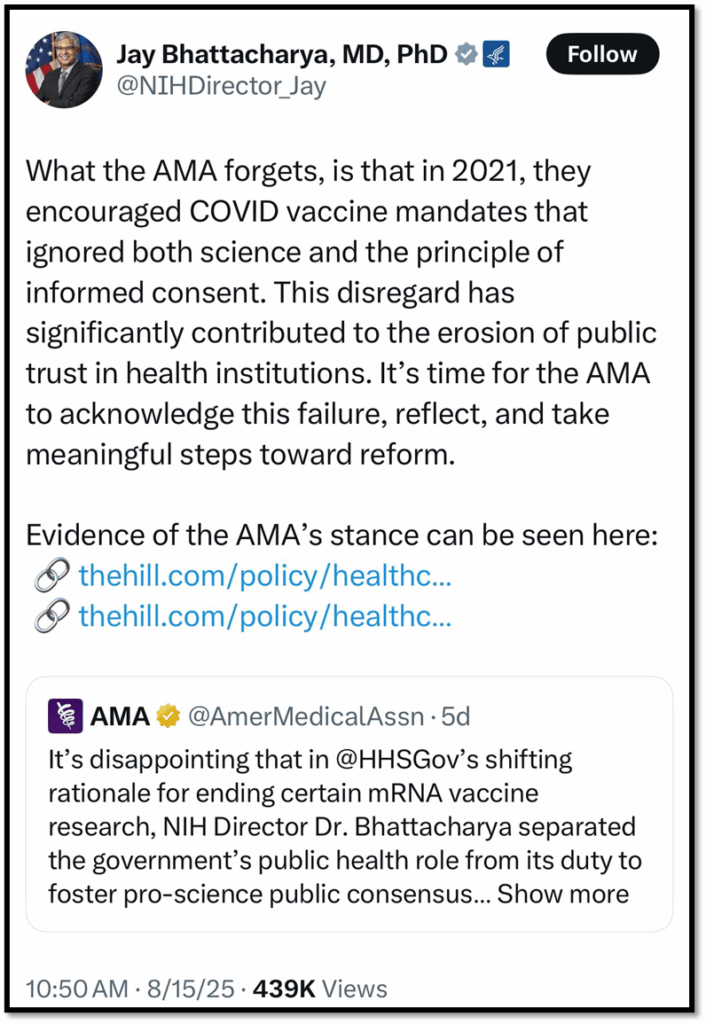 A tweet by Jay Bhattacharya criticizes the AMA for supporting COVID vaccine mandates without sufficient informed consent. The tweet includes links to the AMA’s stance and a screenshot of an AMA tweet on vaccine policies.