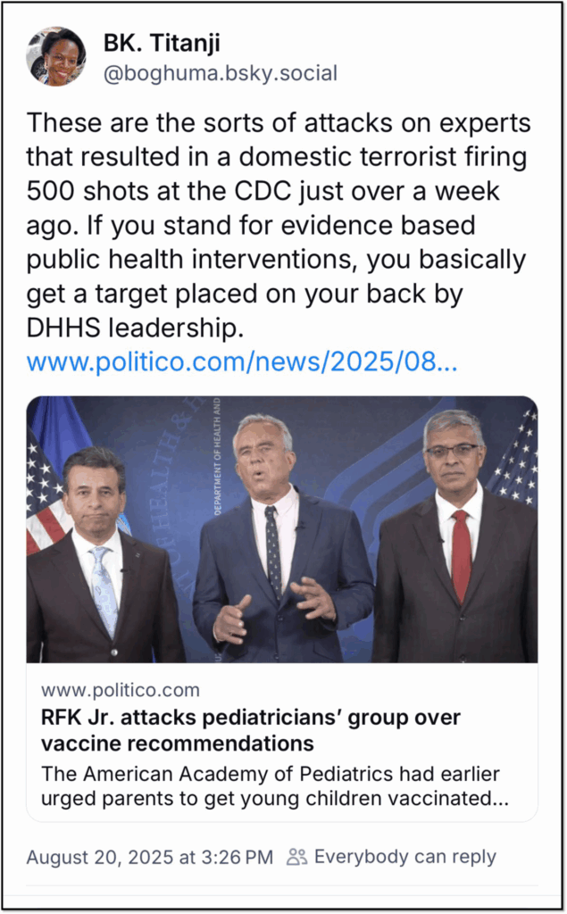 A social media post by BK. Titanji criticizes attacks on experts after a domestic terrorist fired shots at the CDC. Below is a Politico article preview with three suited men on a news set discussing "RFK Jr. attacks pediatricians’ group.