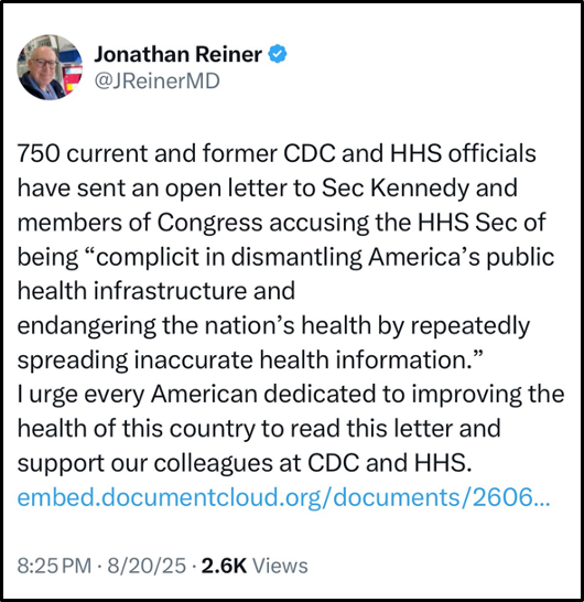 A tweet by Jonathan Reiner stating that 750 CDC and HHS officials sent an open letter to Sec Kennedy and Congress, accusing the HHS Sec of spreading misinformation and endangering public health.