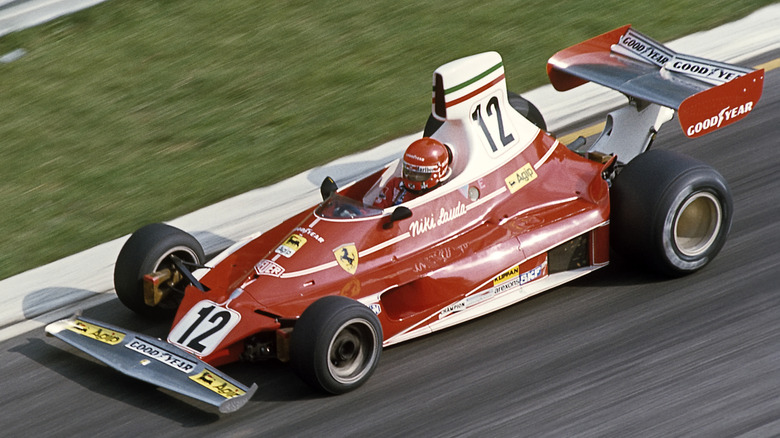 Niki Lauda driving a Ferrari 312T during the 1975 Italian Grand Prix at Monza.