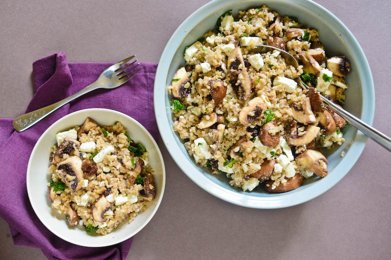 Lemony Bulgur Salad with Feta and Mushrooms