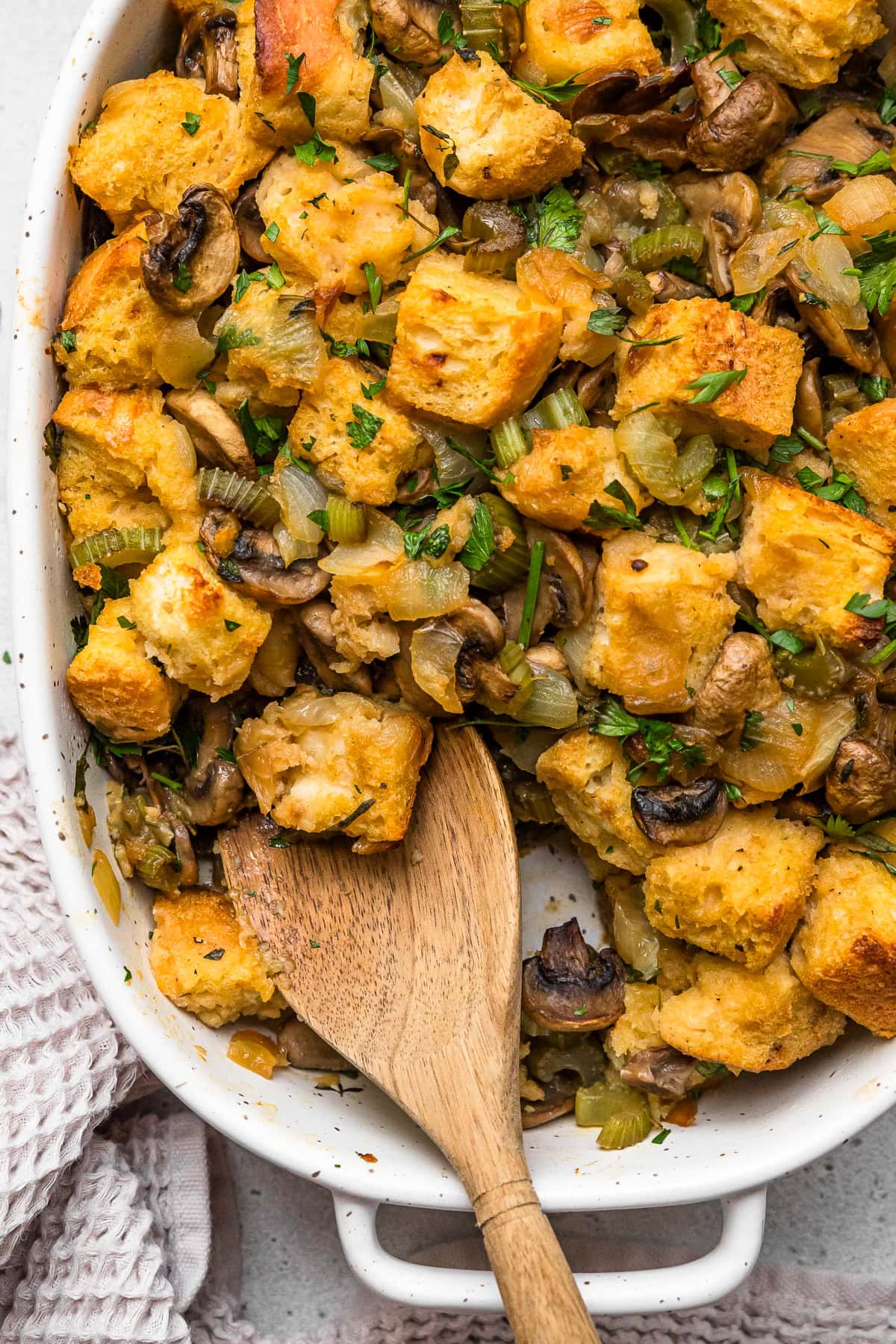 Sourdough Stuffing in a baking dish